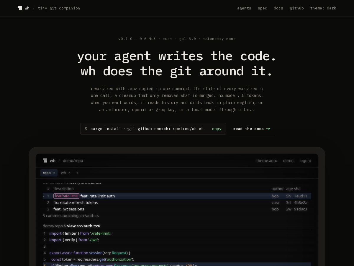 Landing-page snapshot of getwh.dev