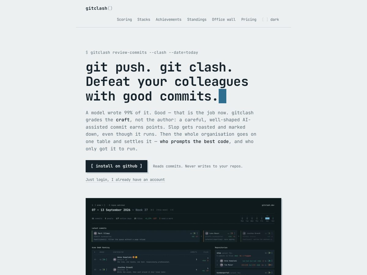 Landing-page snapshot of gitclash.dev