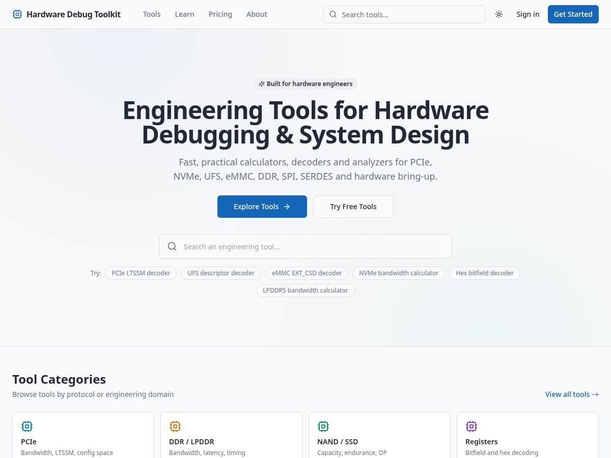 Landing-page snapshot of hardwaredebugtoolkit.com