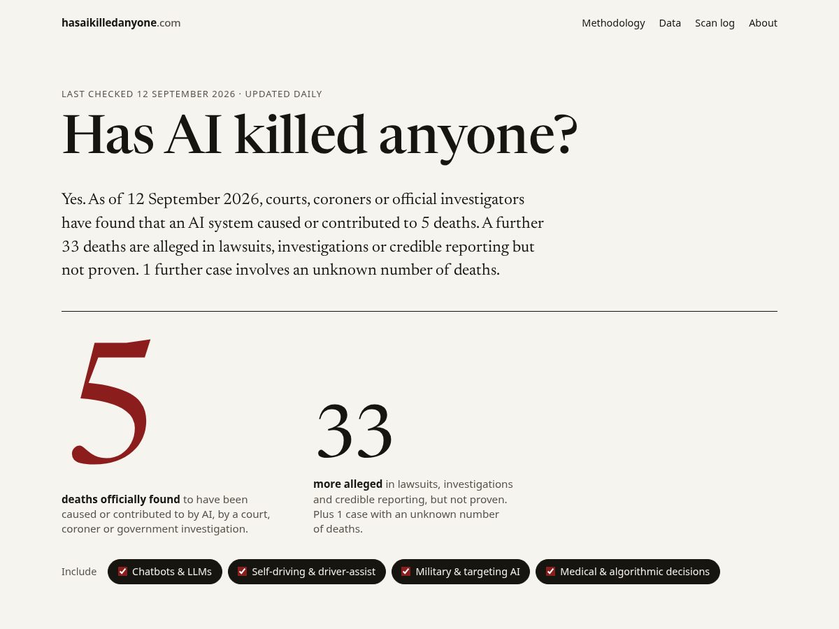 Landing-page snapshot of hasaikilledanyone.com