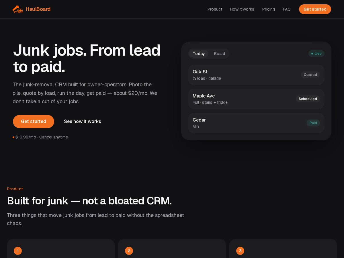 Landing-page snapshot of haulboardcrm.com