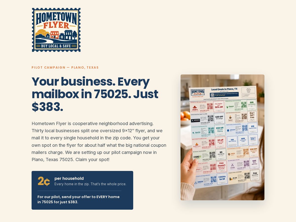 Landing-page snapshot of hometownflyerhq.com