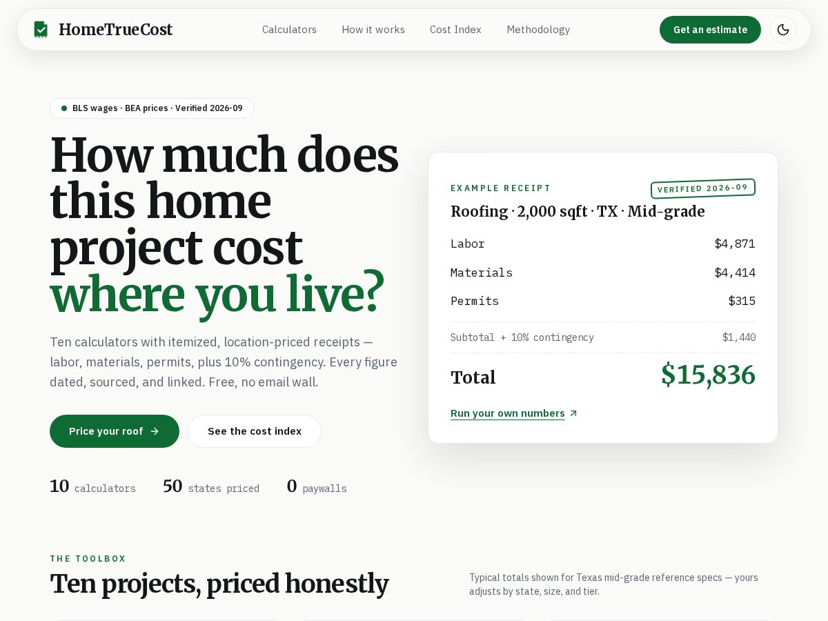 Landing-page snapshot of hometruecost.com