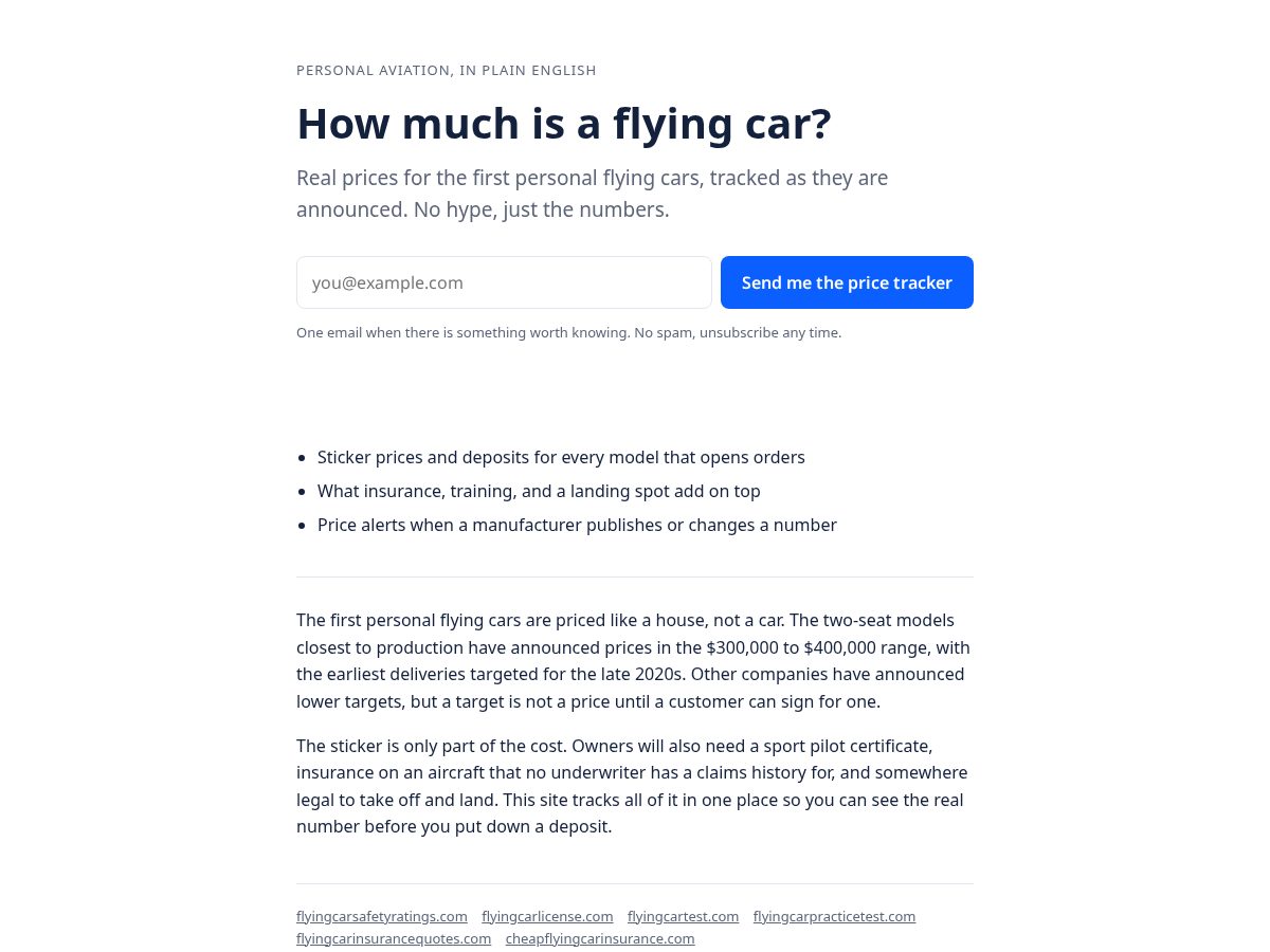 Landing-page snapshot of howmuchisaflyingcar.com
