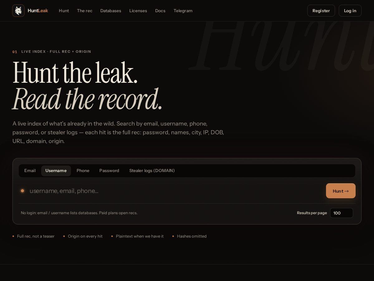 Landing-page snapshot of huntleak.com