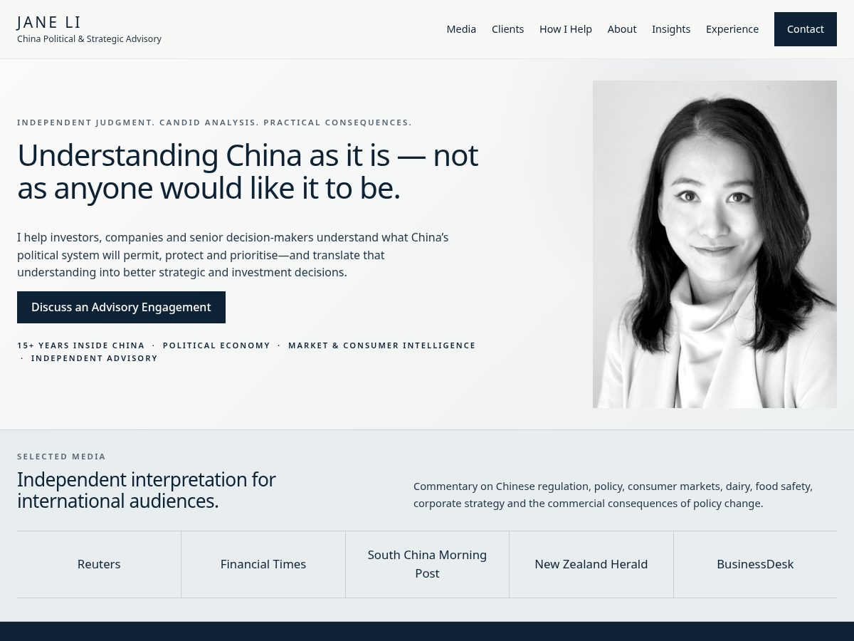 Landing-page snapshot of janeliadvisory.com