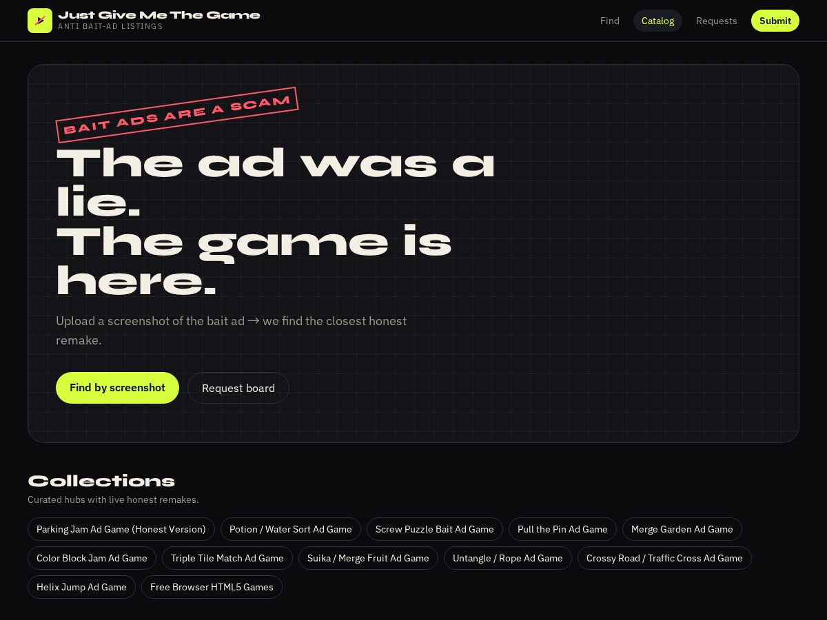Landing-page snapshot of justgivemethegame.com