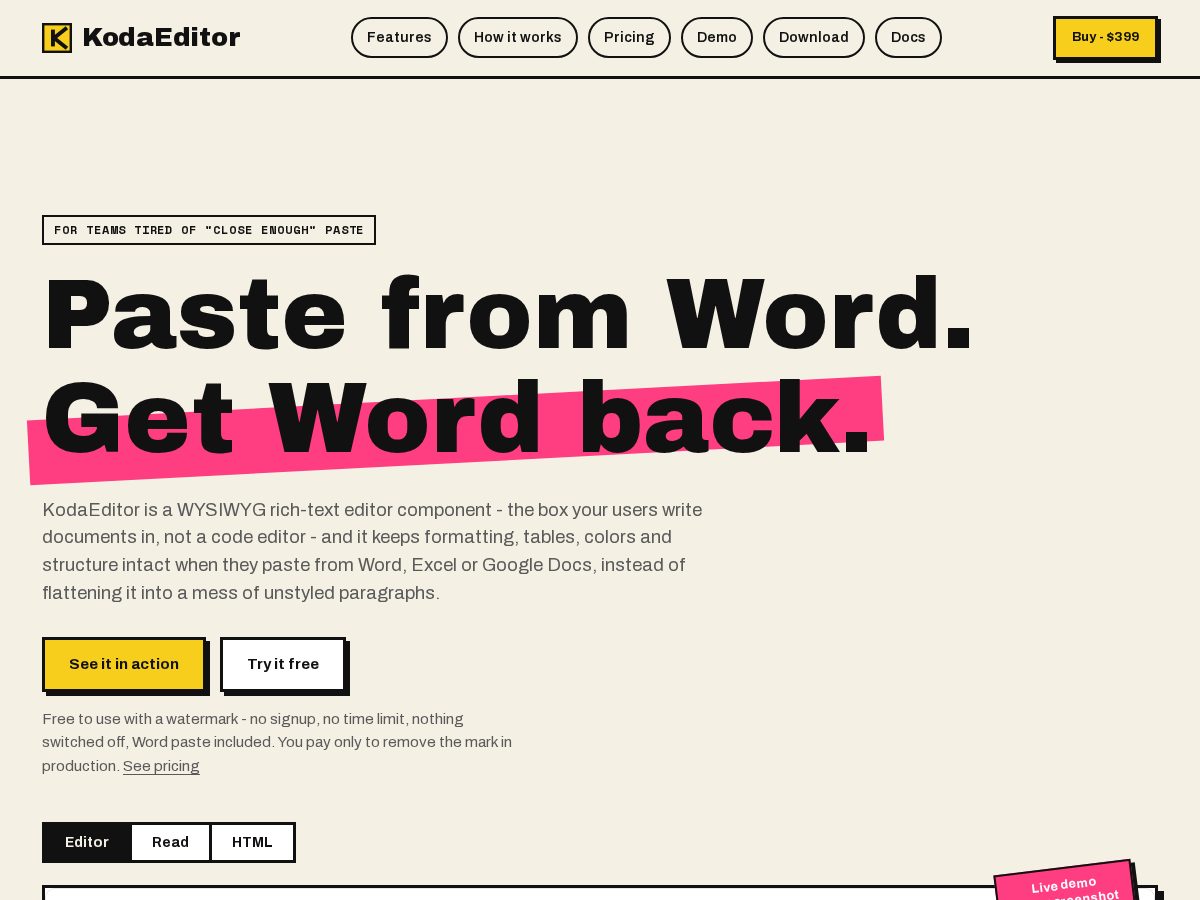 Landing-page snapshot of kodaeditor.com