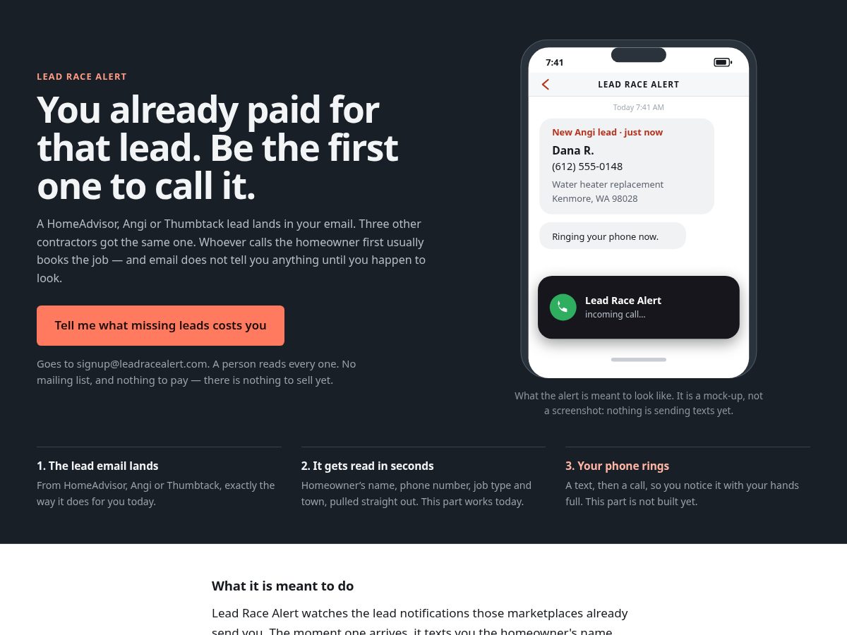 Landing-page snapshot of leadracealert.com