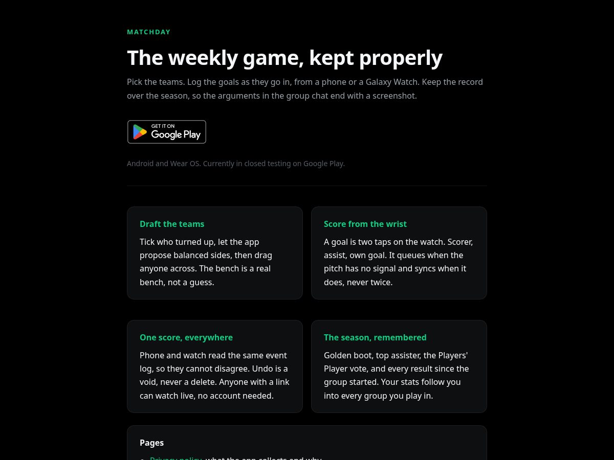Landing-page snapshot of matchday-tracker.com
