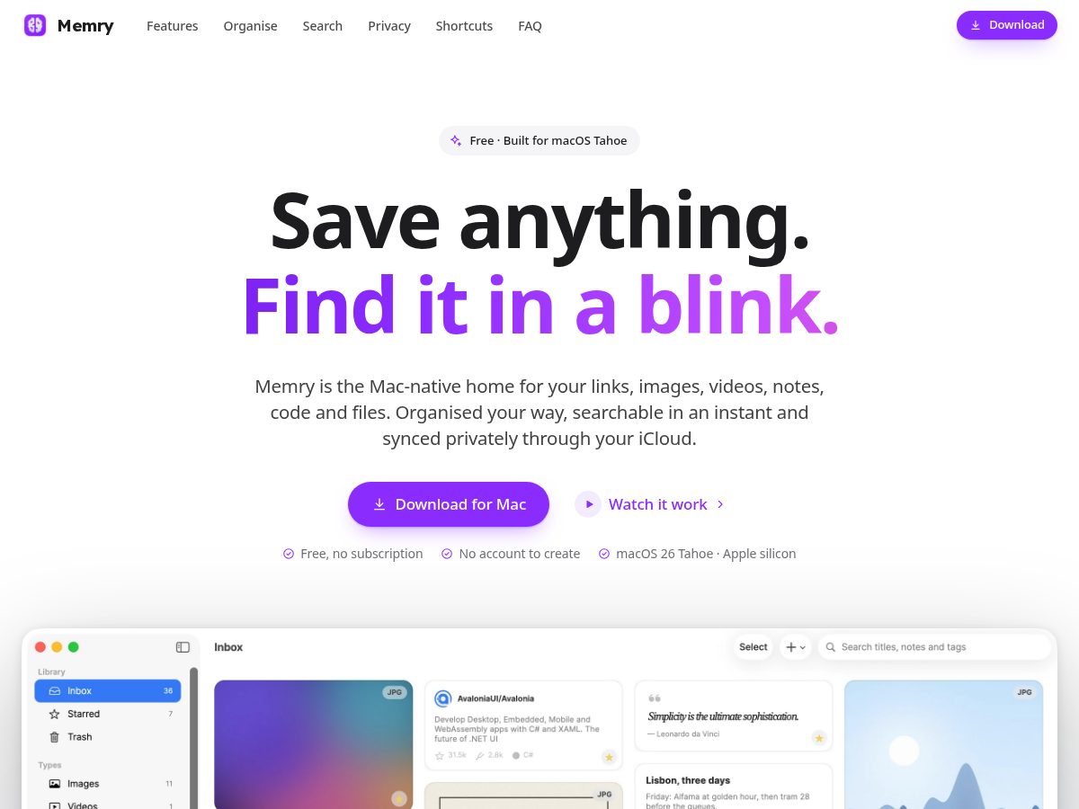 Landing-page snapshot of memry.plus