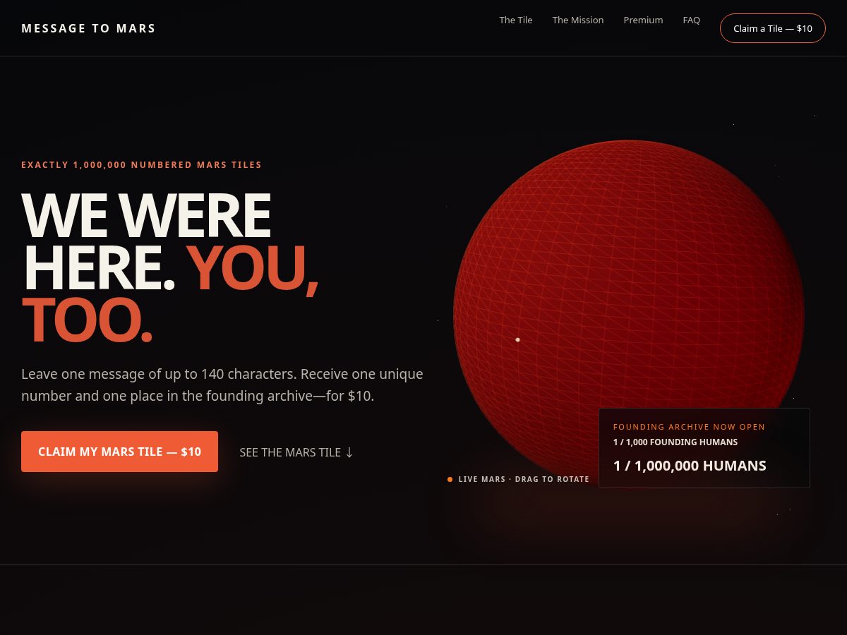 Landing-page snapshot of messagetomars.com