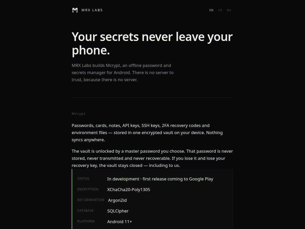 Landing-page snapshot of mrxlabs.dev