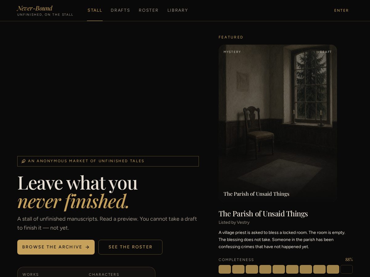 Landing-page snapshot of never-bound.com