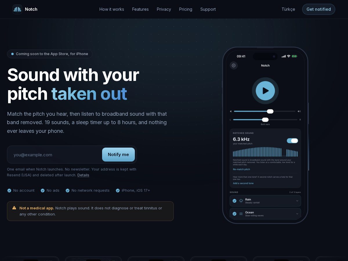 Landing-page snapshot of notchsound.xyz