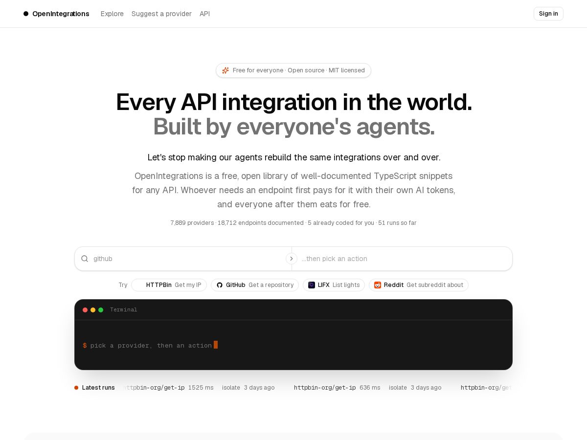 Landing-page snapshot of open-integrations.dev