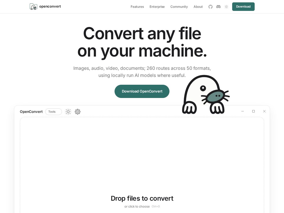 Landing-page snapshot of openconvert.dev