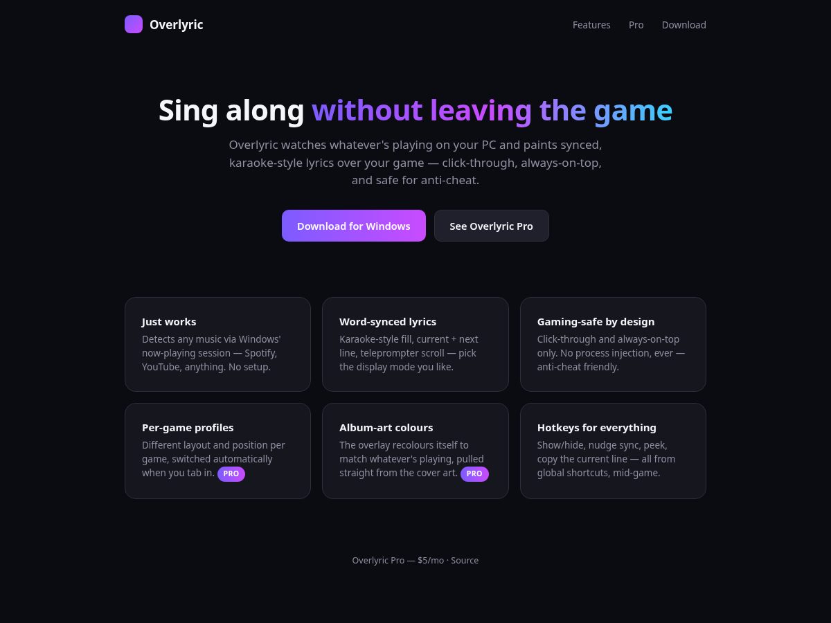 Landing-page snapshot of overlyric.com