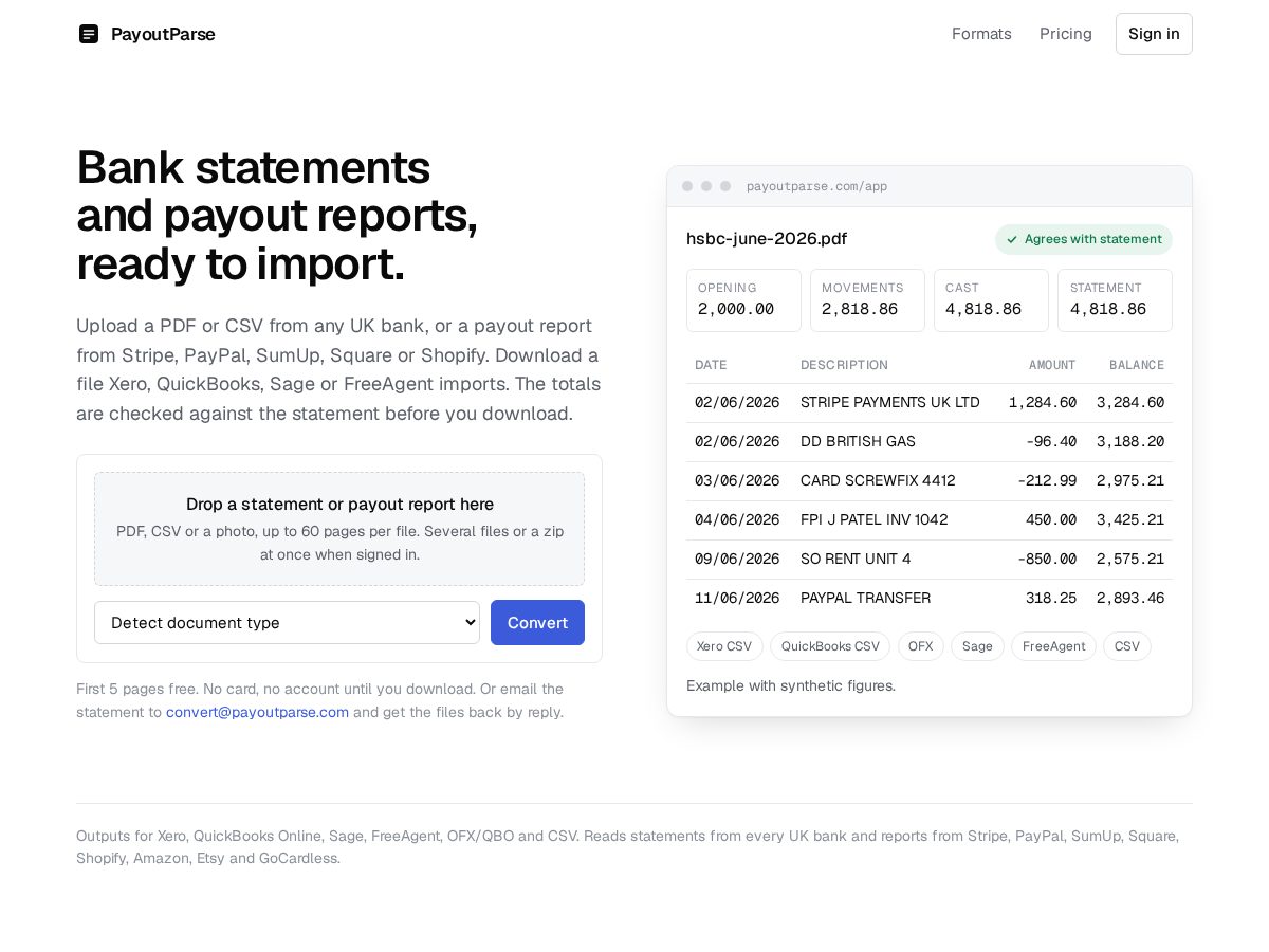 Landing-page snapshot of payoutparse.com