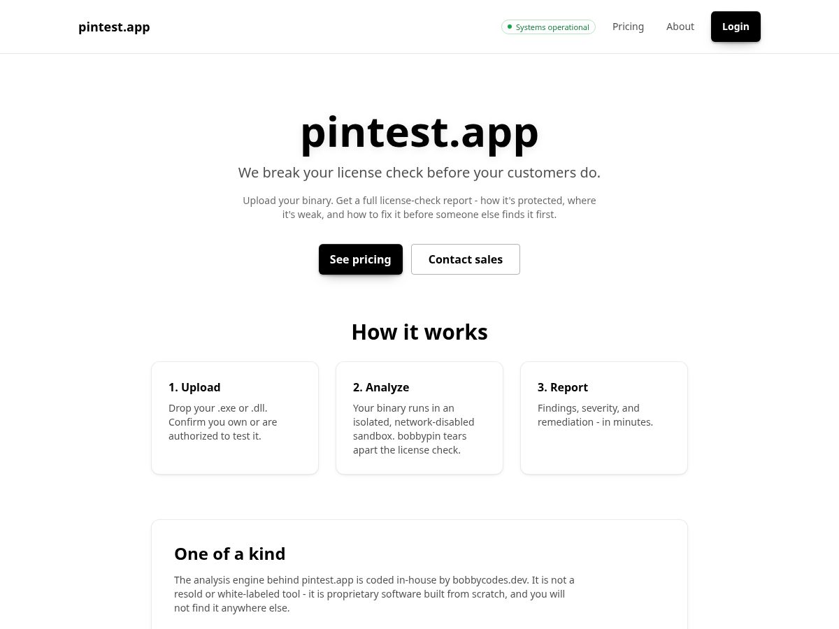 Landing-page snapshot of pintest.app