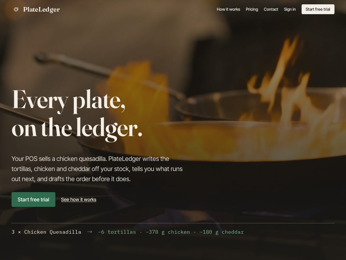 Landing-page snapshot of plateledger.pro