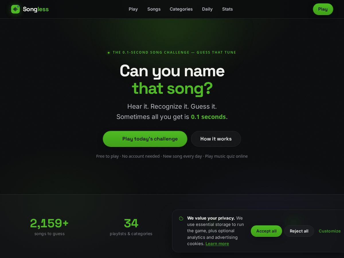 Landing-page snapshot of playsongless.com