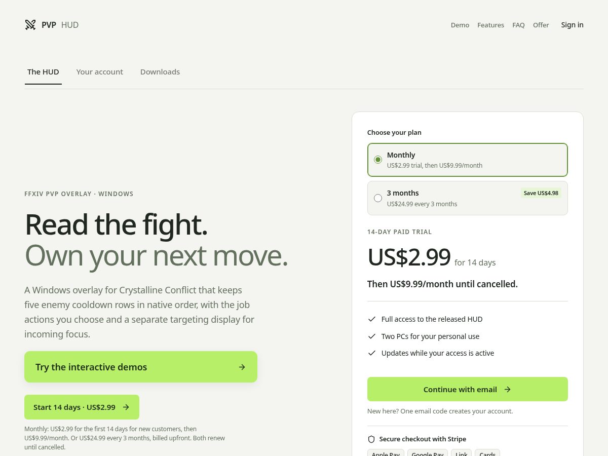 Landing-page snapshot of pvphud.com