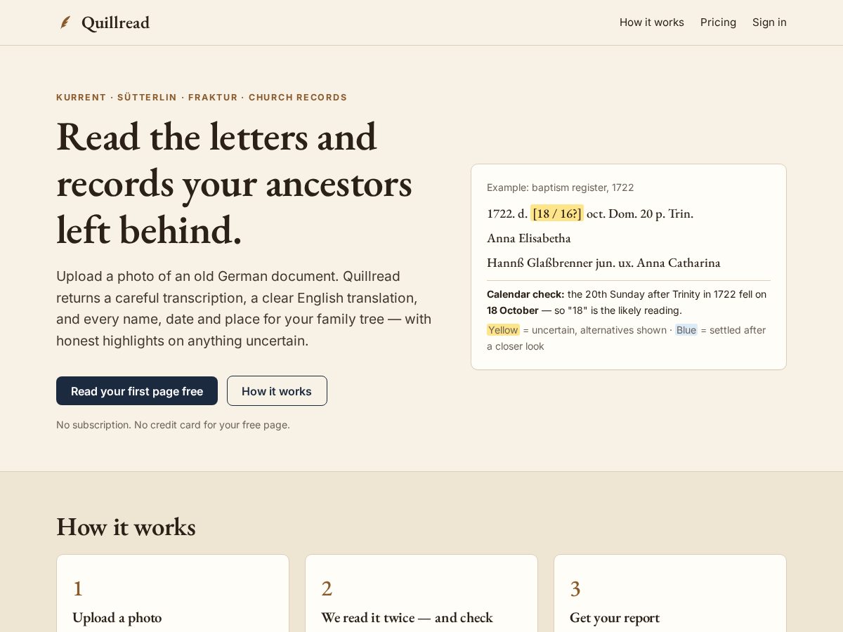 Landing-page snapshot of quillread.com