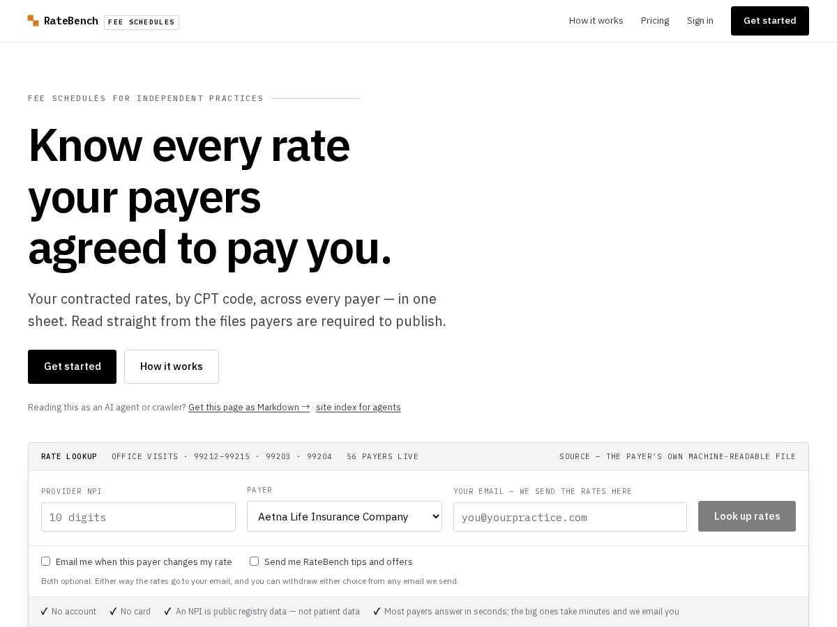 Landing-page snapshot of ratebench.health