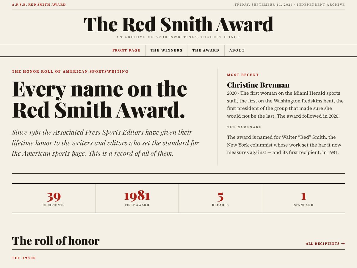 Landing-page snapshot of redsmithaward.com