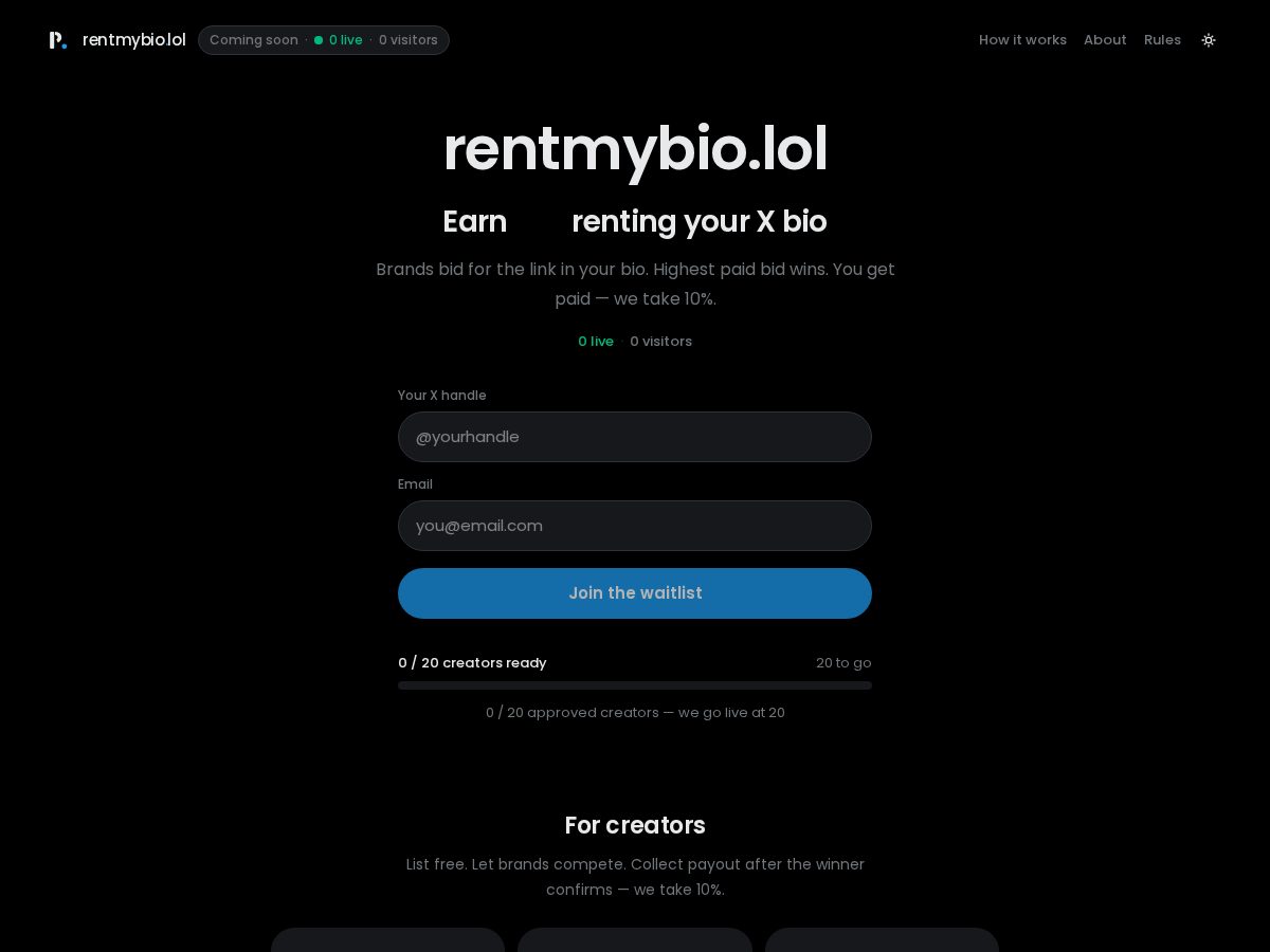 Landing-page snapshot of rentmybio.lol