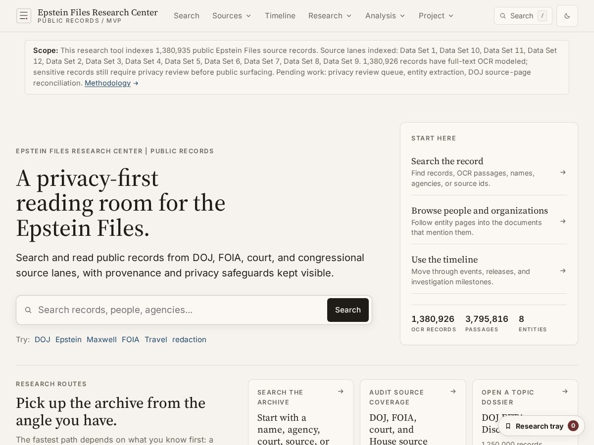 Landing-page snapshot of researchepstein.com