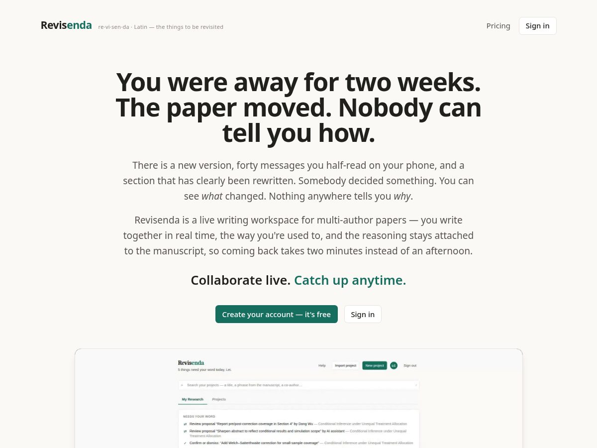 Landing-page snapshot of revisenda.com