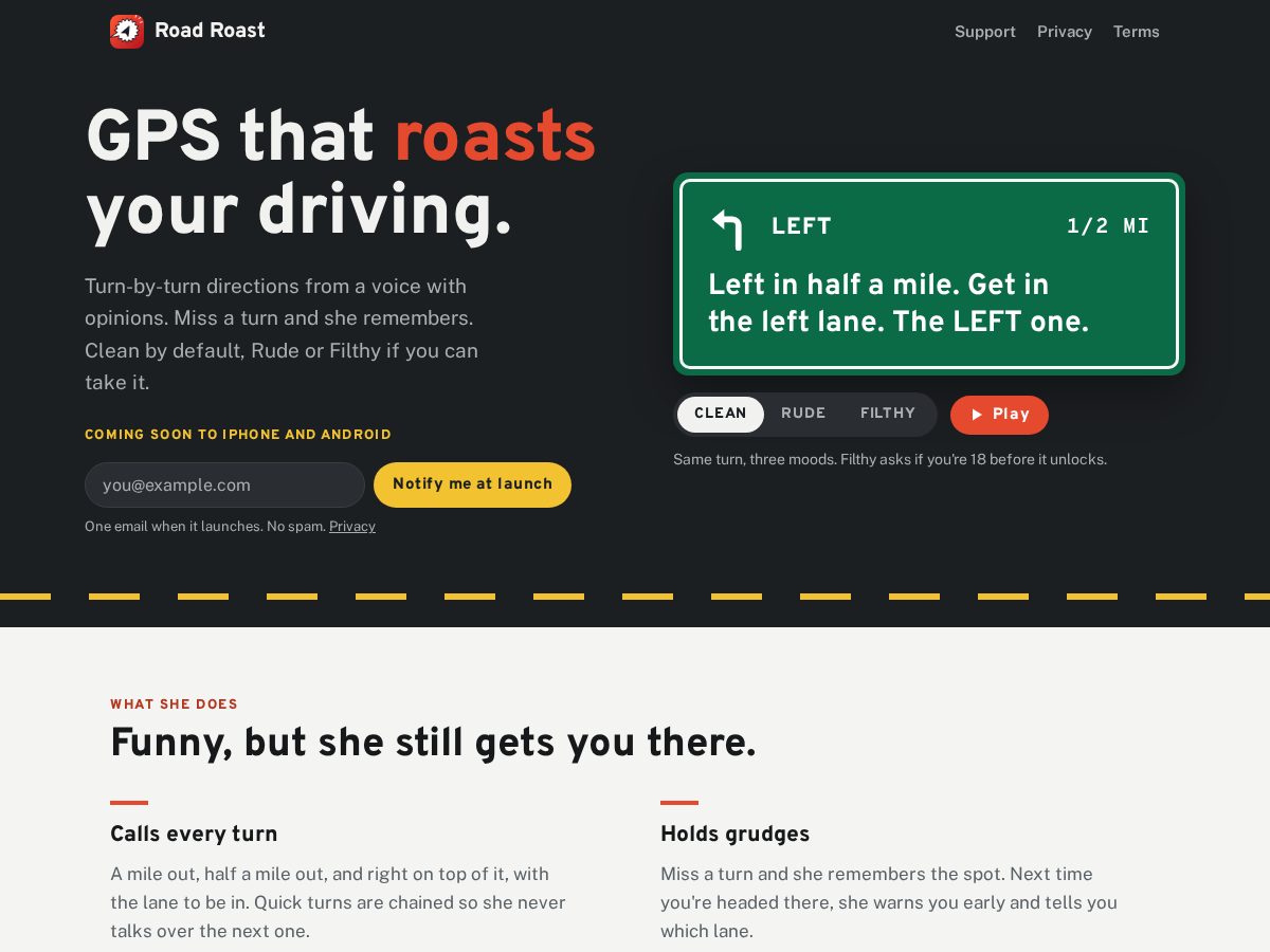 Landing-page snapshot of roadroast.site