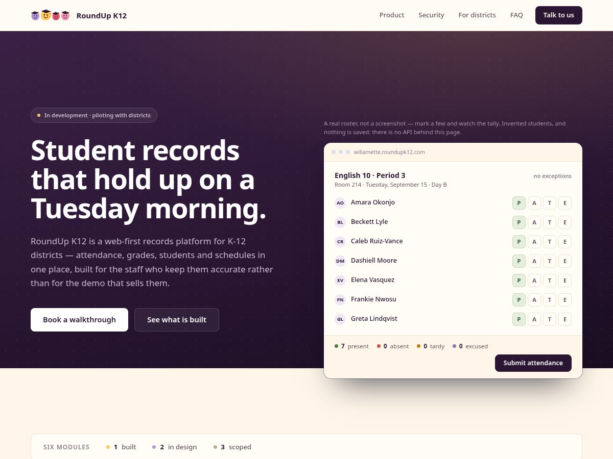 Landing-page snapshot of roundupk12.com