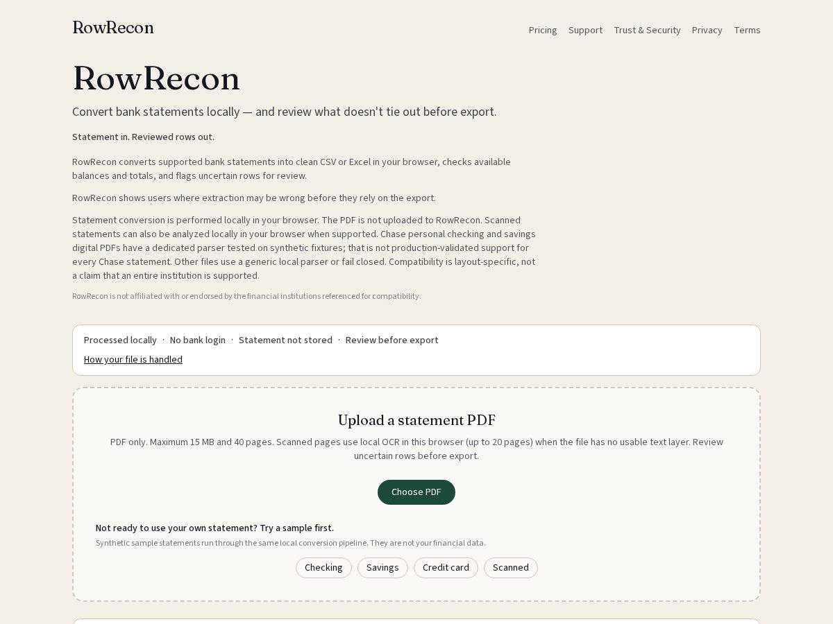 Landing-page snapshot of rowreconapp.com