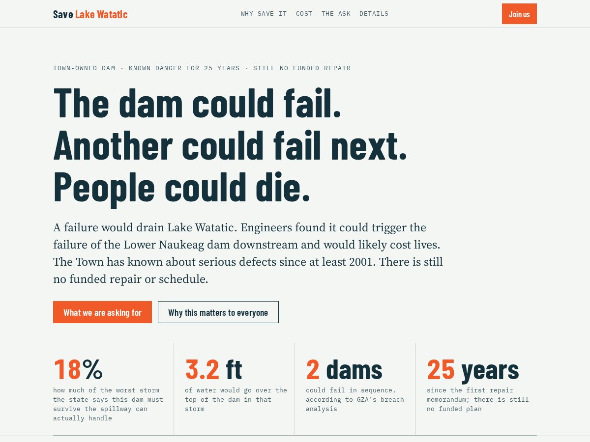 Landing-page snapshot of savelakewatatic.com