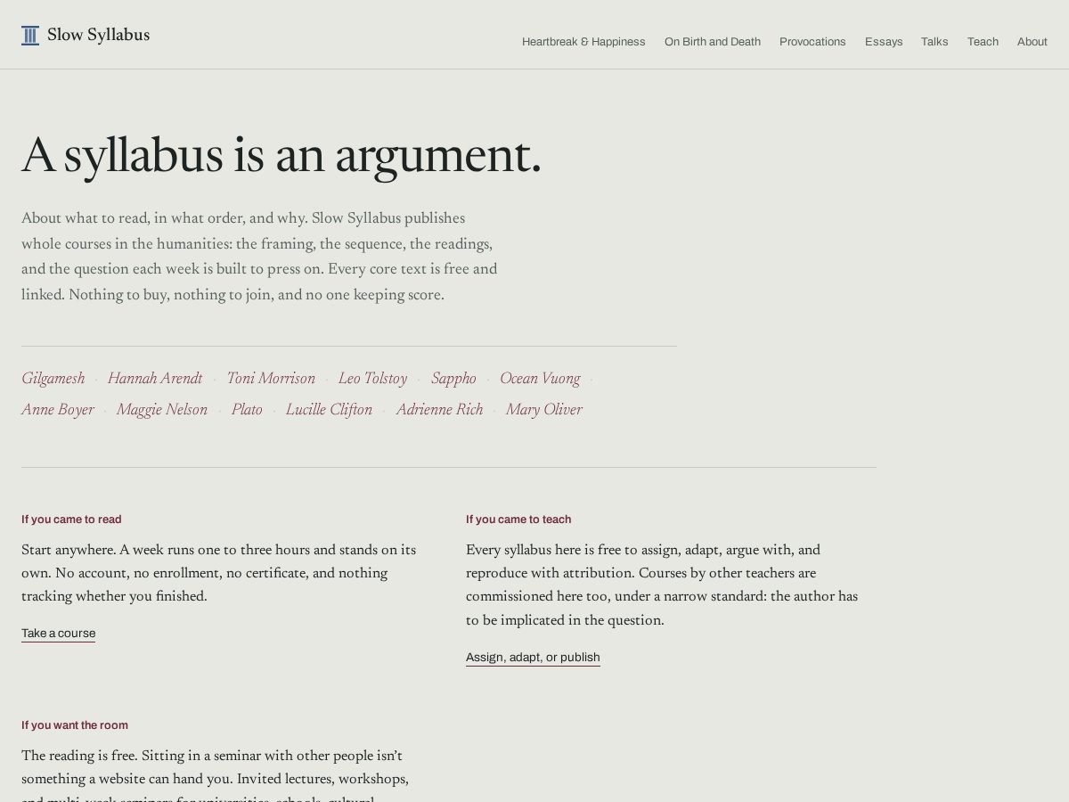 Landing-page snapshot of slowsyllabus.com