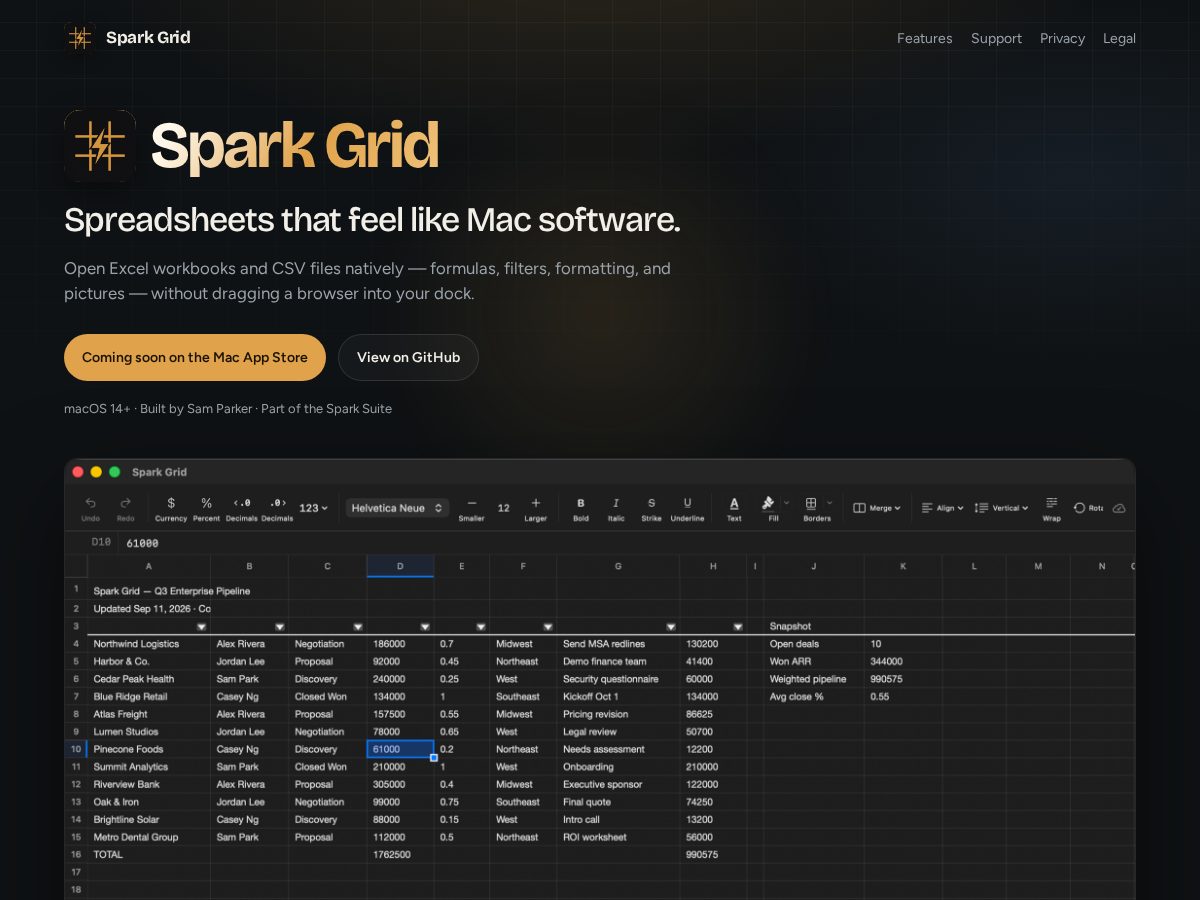 Landing-page snapshot of sparkgridapp.com