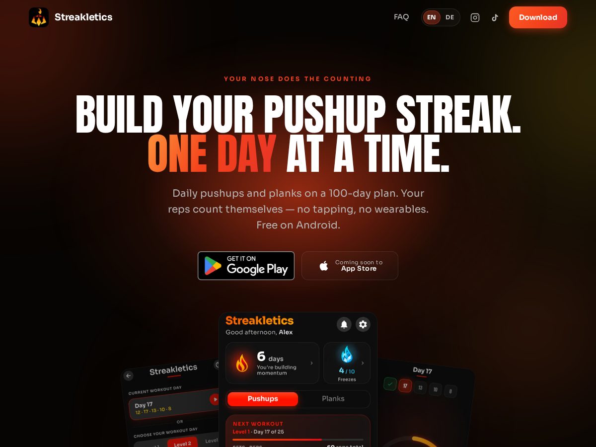 Landing-page snapshot of streakletics.app