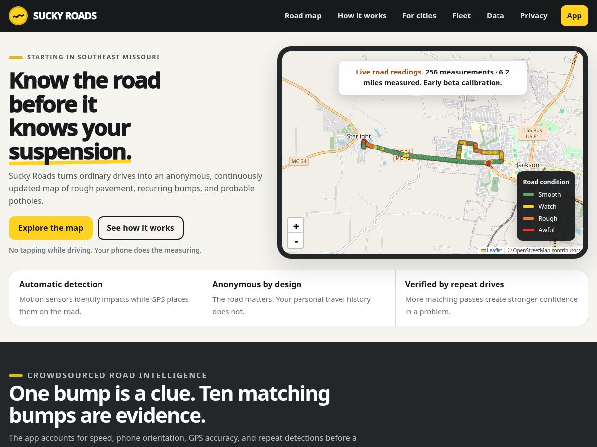 Landing-page snapshot of suckyroads.com