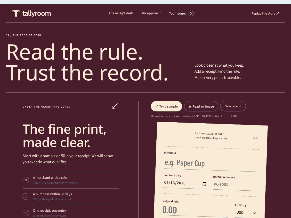 Landing-page snapshot of tallyroom.xyz