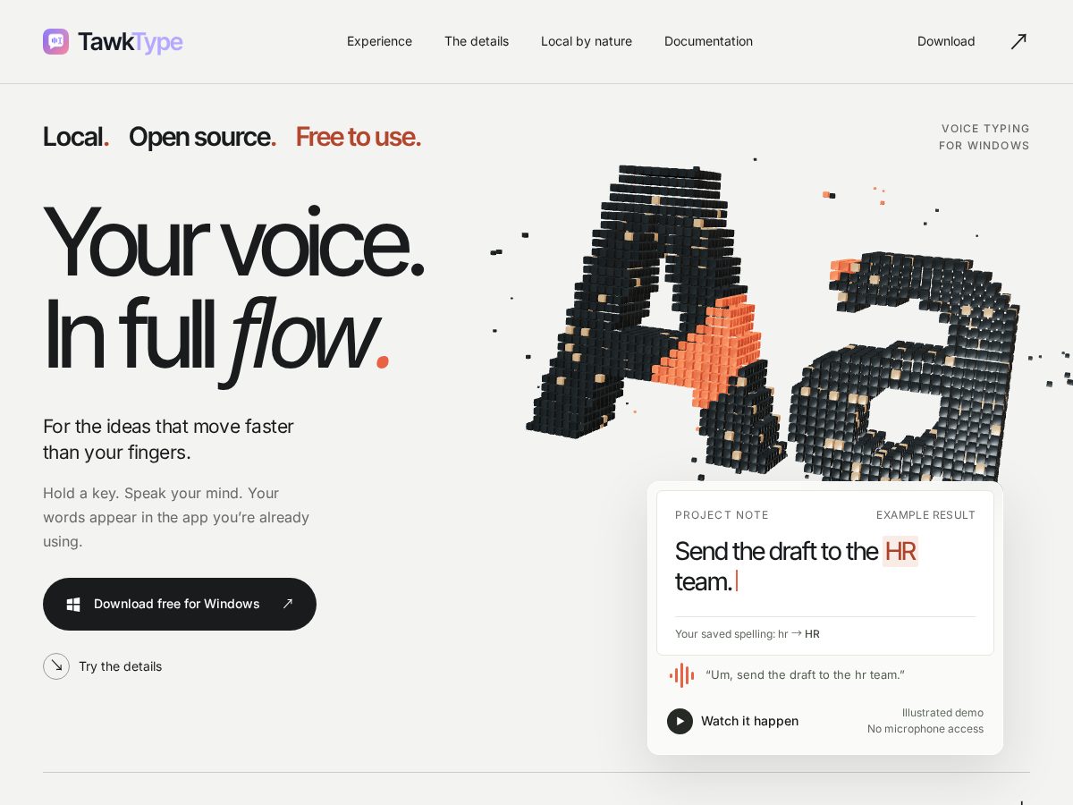 Landing-page snapshot of tawktype.com