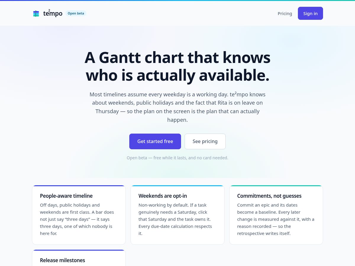 Landing-page snapshot of teempo.dev