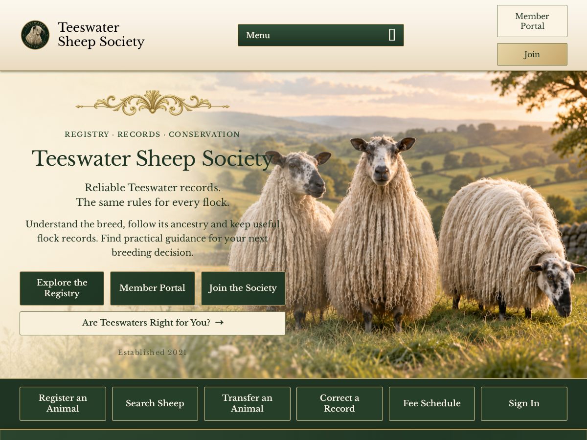 Landing-page snapshot of teeswatersheepsociety.com