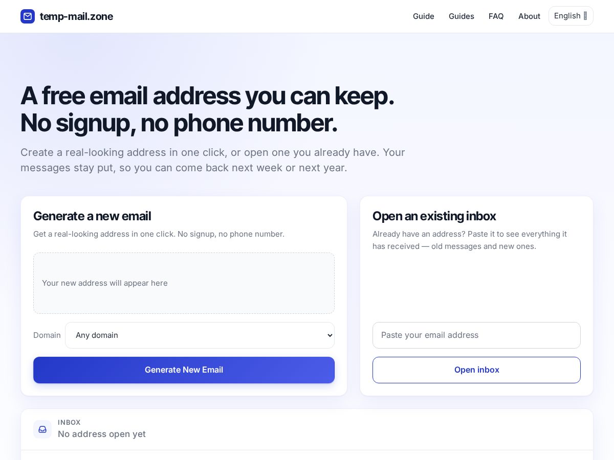 Landing-page snapshot of temp-mail.zone