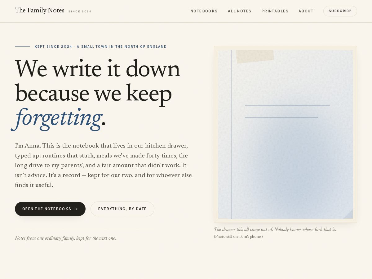 Landing-page snapshot of thefamilynotes.com