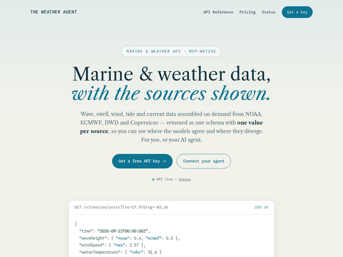 Landing-page snapshot of theweatheragent.com