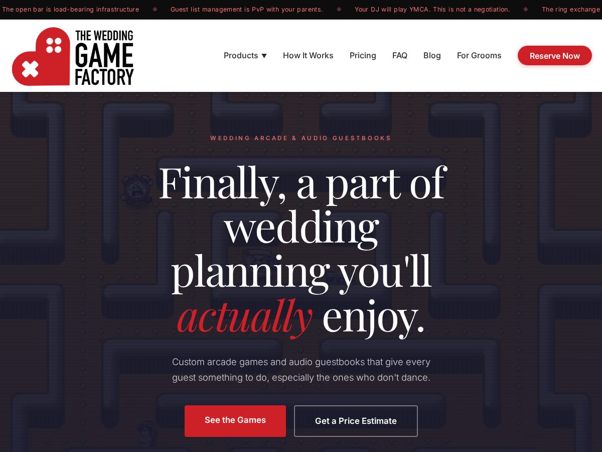Landing-page snapshot of theweddinggamefactory.com