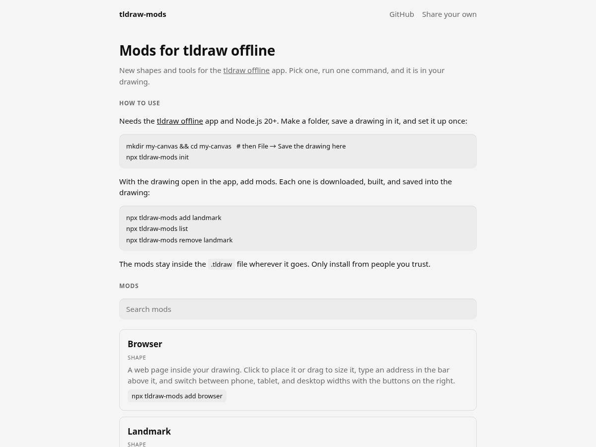 Landing-page snapshot of tldrawmods.dev
